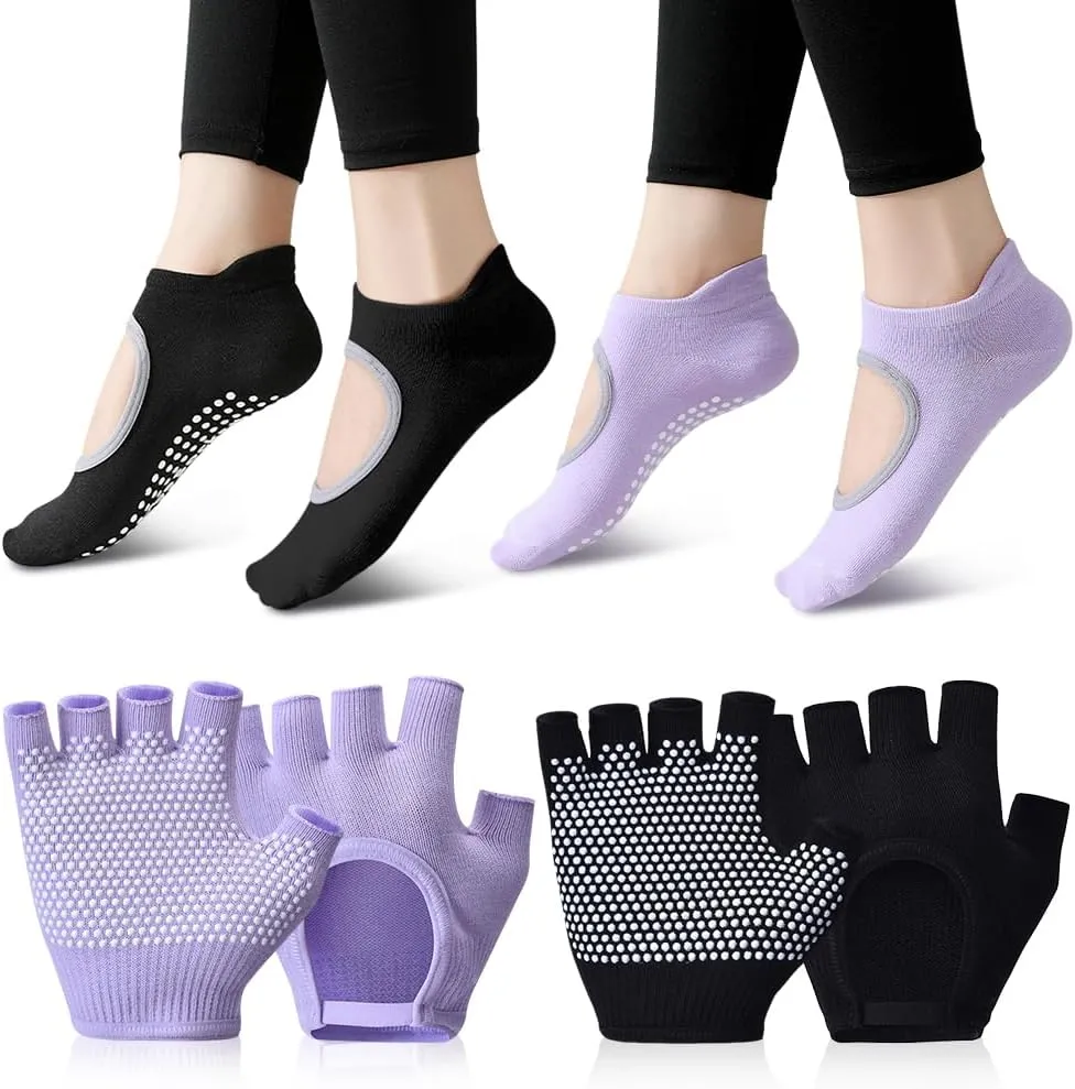 2 Pairs Non Slip Yoga Gloves Socks Set, Women Fingerless Gym Gloves and Pilates Socks, Silicone Dot Grip Socks Sport Gloves for Fitness Exercise Hanging Yoga Cross Fit Cycling