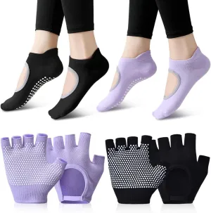 2 Pairs Non Slip Yoga Gloves Socks Set, Women Fingerless Gym Gloves and Pilates Socks, Silicone Dot Grip Socks Sport Gloves for Fitness Exercise Hanging Yoga Cross Fit Cycling