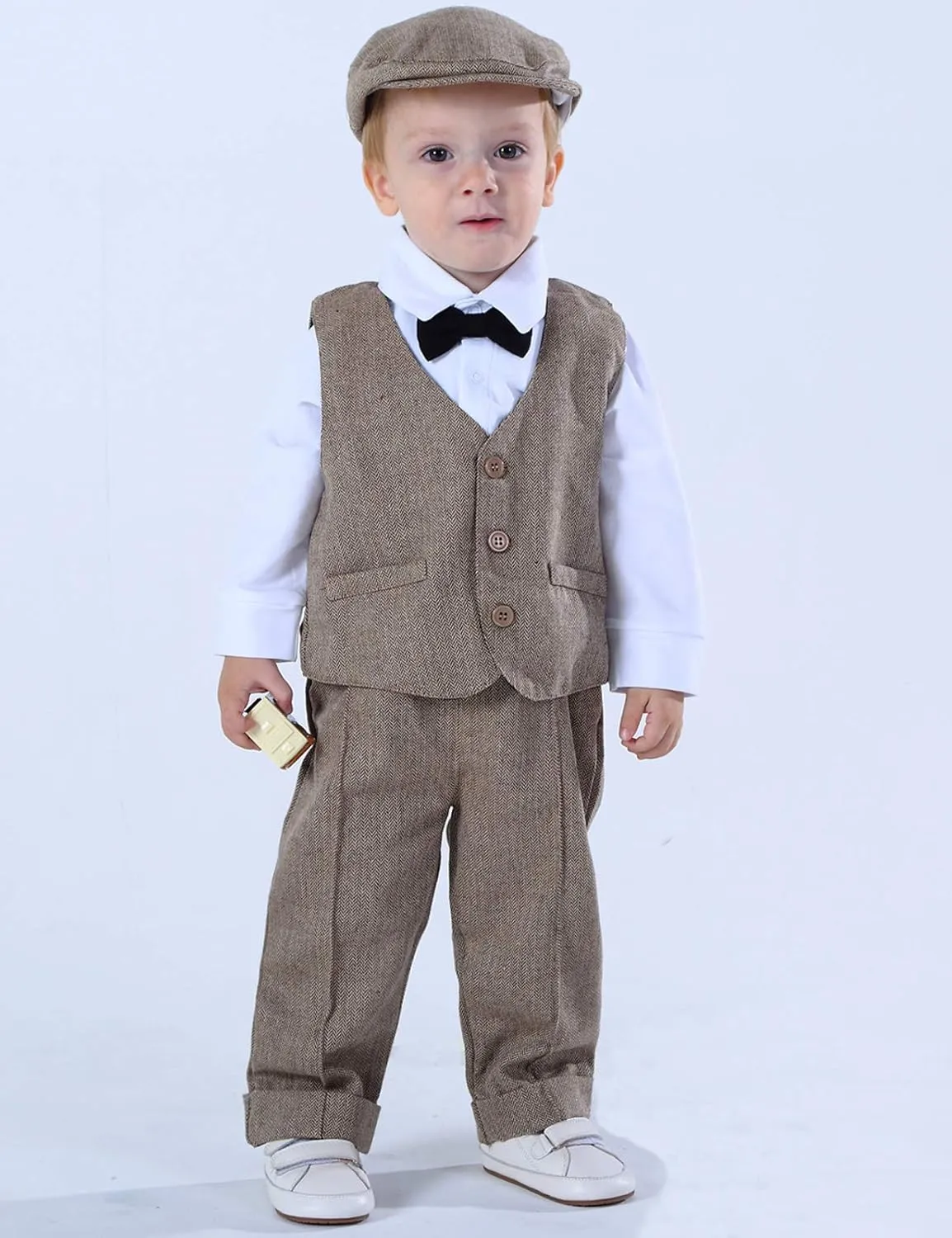 A&J DESIGN 5pcs Baby Boys Suit, 12 Months - 3T, Shirt & Pants & Vest & Hat & Bow Tie