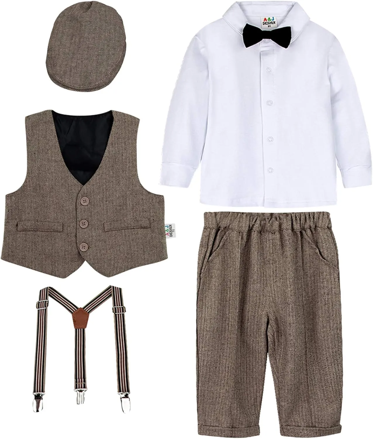 A&J DESIGN 5pcs Baby Boys Suit, 12 Months - 3T, Shirt & Pants & Vest & Hat & Bow Tie