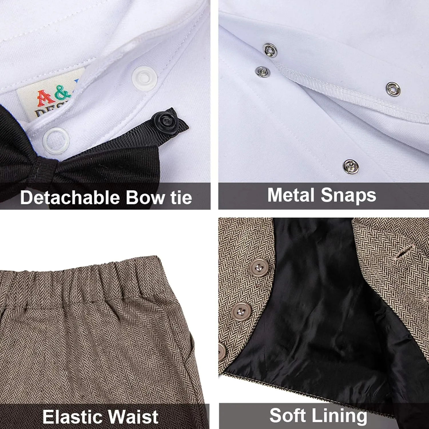 A&J DESIGN 5pcs Baby Boys Suit, 12 Months - 3T, Shirt & Pants & Vest & Hat & Bow Tie