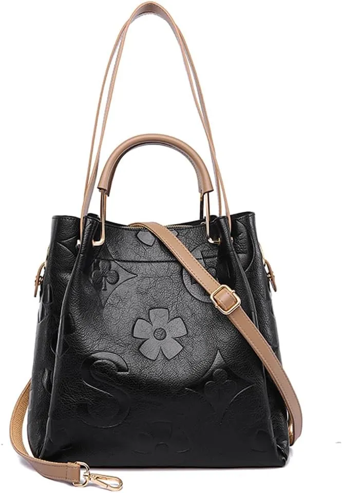Bucket Bag for Women,Floral Embossed Tote Bag Trendy Vintage Crossbody Bag Large Vegan Leather Hobo Shoulder Handbag