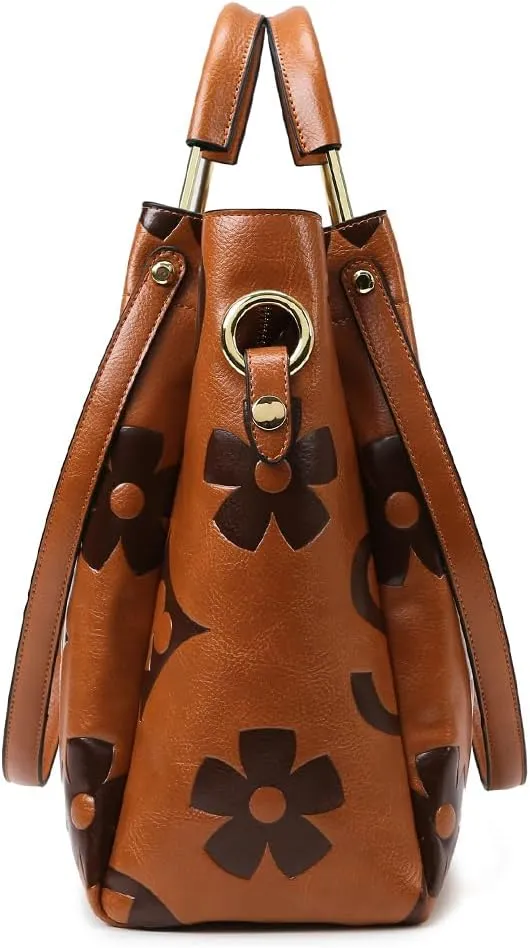 Bucket Bag for Women,Floral Embossed Tote Bag Trendy Vintage Crossbody Bag Large Vegan Leather Hobo Shoulder Handbag