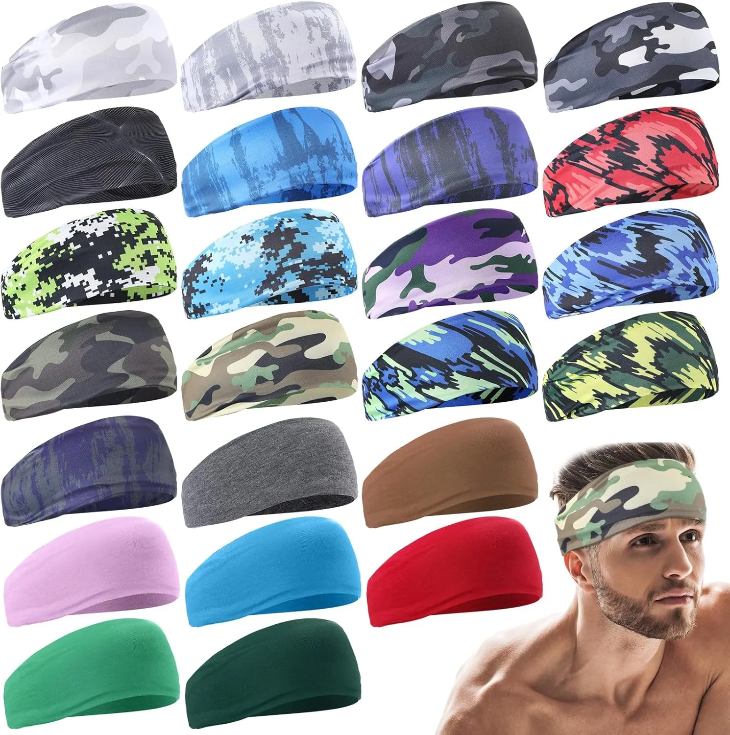 Chuarry 24 Pcs Sports Headbands for Men Women Sweatbands Non Slip Moisture Wicking Headband for Running Hiking Cycling Yoga