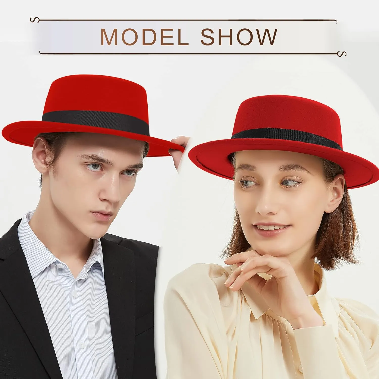 Classic Fedora Hat Flat Top Hat Felt Pork Pie Hat Wide Brim Church Derby Cap for Women and Men