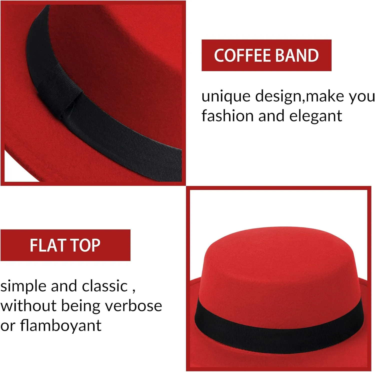 Classic Fedora Hat Flat Top Hat Felt Pork Pie Hat Wide Brim Church Derby Cap for Women and Men