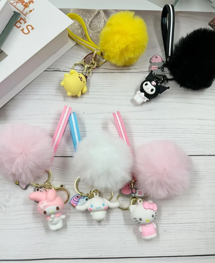 Cute Keychains for Girls, Kawaii Pom Pom Fuzzy Key Chain Accessories Wristlet Cartoon Keychain