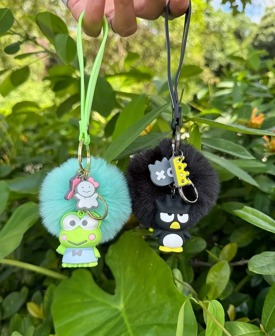 Cute Keychains for Girls, Kawaii Pom Pom Fuzzy Key Chain Accessories Wristlet Cartoon Keychain