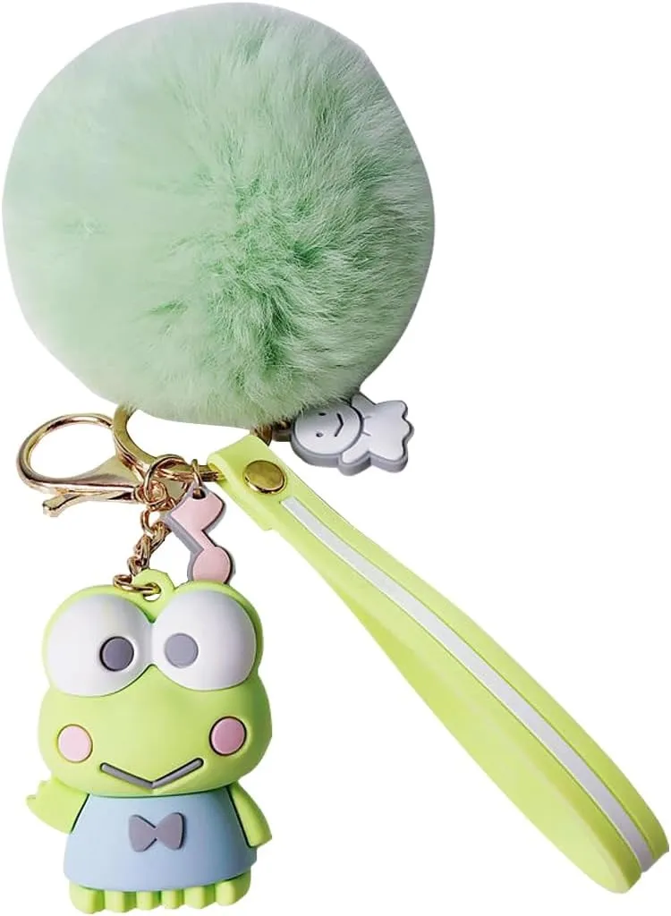 Cute Keychains for Girls, Kawaii Pom Pom Fuzzy Key Chain Accessories Wristlet Cartoon Keychain