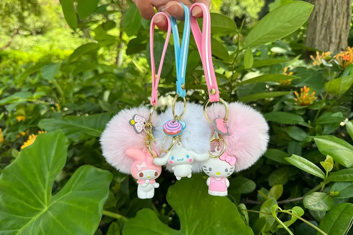 Cute Keychains for Girls, Kawaii Pom Pom Fuzzy Key Chain Accessories Wristlet Cartoon Keychain
