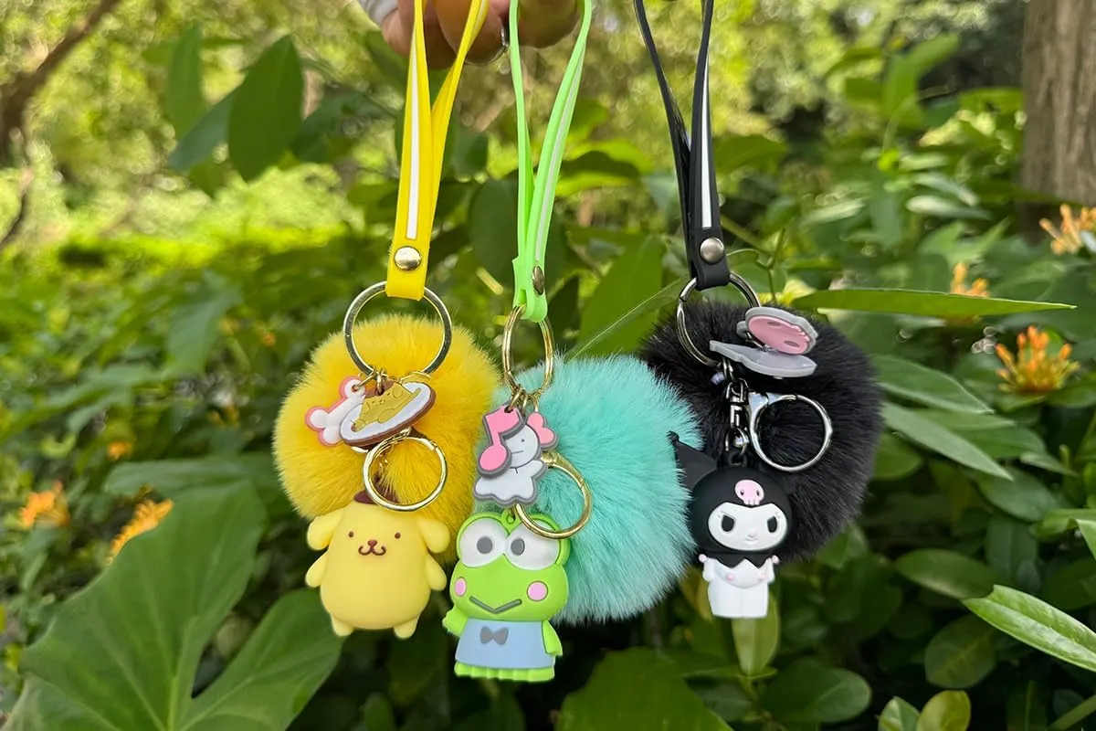 Cute Keychains for Girls, Kawaii Pom Pom Fuzzy Key Chain Accessories Wristlet Cartoon Keychain
