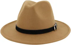 Fashion Flat Top Panama Rancher Jazz Hat Fedora Hats with Belt Buckle Wide Brim Outdoor Floppy Hat for Women Men