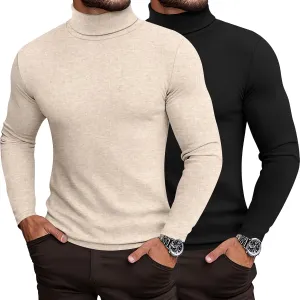 Ficerd 2 Pack Men's Turtle Neck Shirts, Lightweight Cotton Pullover Sweater Slim Fit Mock Turtleneck Knitted Long Sleeve Tops