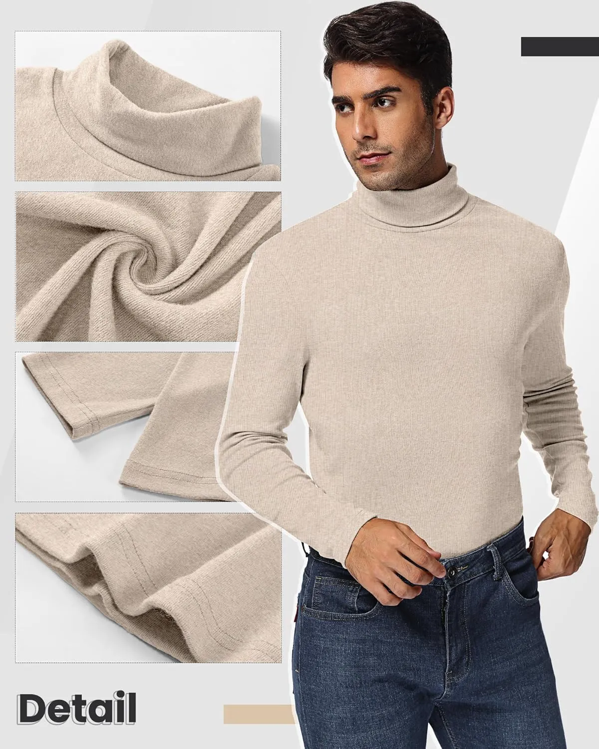Ficerd 2 Pack Men's Turtle Neck Shirts, Lightweight Cotton Pullover Sweater Slim Fit Mock Turtleneck Knitted Long Sleeve Tops