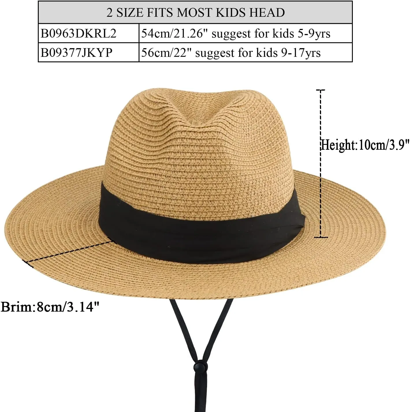 Girls Boys Floppy Straw-Fedora-Sun-Hat Summer-Beach Wide-Brim Straw Fedora Panama for Kids (5-9yrs)