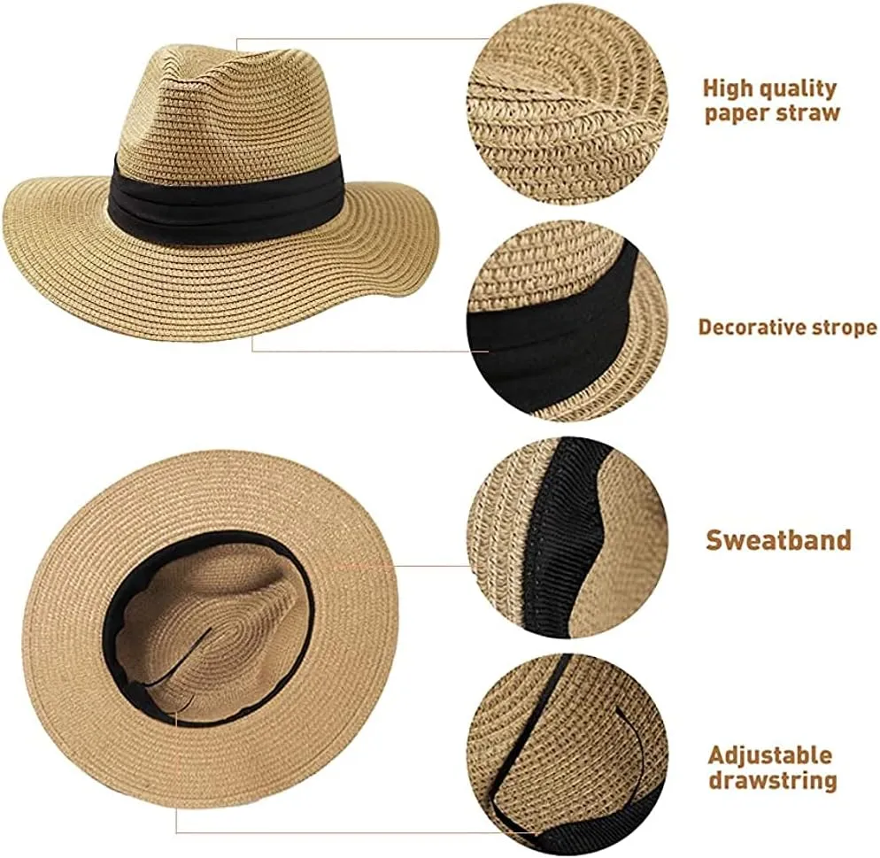 Girls Boys Floppy Straw-Fedora-Sun-Hat Summer-Beach Wide-Brim Straw Fedora Panama for Kids (5-9yrs)