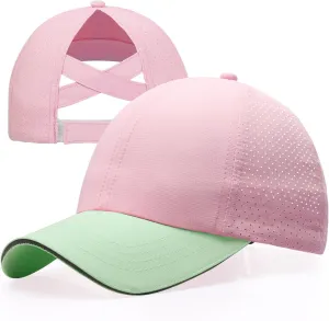 Girls Criss Cross Ponytail Hat Mesh Baseball Cap Kids Quick Dry Ponycap Hats Outdoor Summer Sports Hat Age 7-12