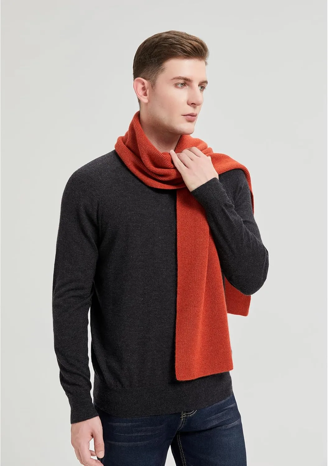 GreenMount Mens Cashmere Scarf Ribbed Knitted 100% Cashmere Scarf Warm Thick Soft for Fall Winter Men