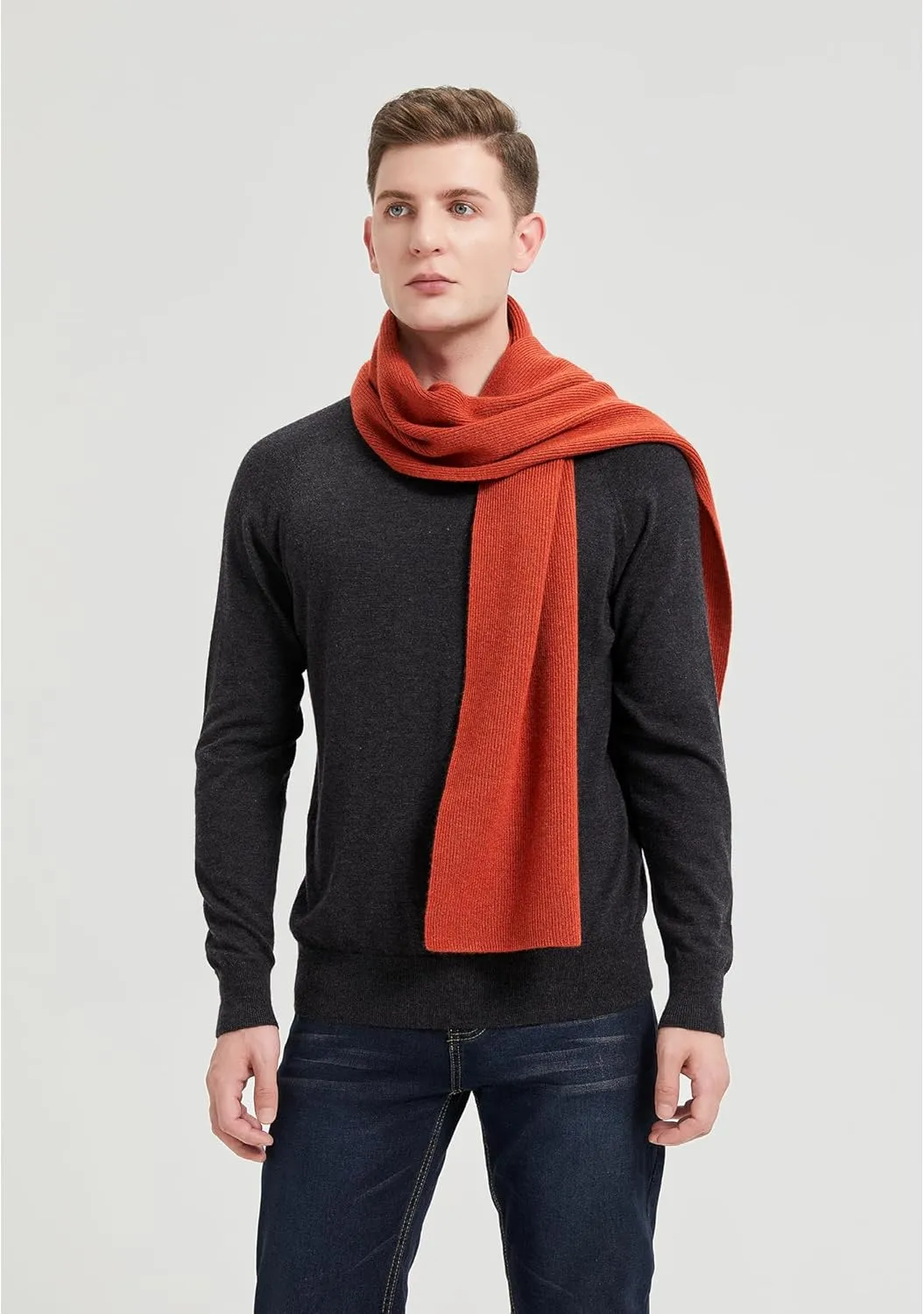 GreenMount Mens Cashmere Scarf Ribbed Knitted 100% Cashmere Scarf Warm Thick Soft for Fall Winter Men