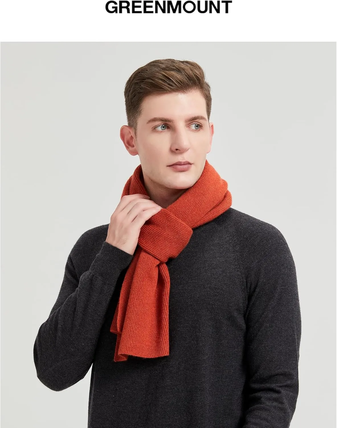 GreenMount Mens Cashmere Scarf Ribbed Knitted 100% Cashmere Scarf Warm Thick Soft for Fall Winter Men