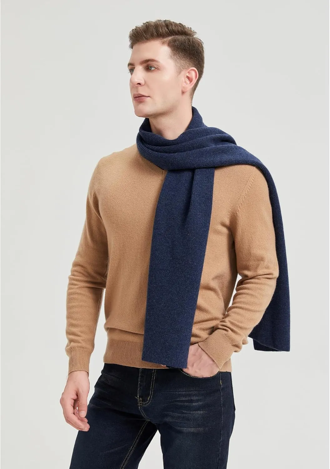 GreenMount Mens Cashmere Scarf Ribbed Knitted 100% Cashmere Scarf Warm Thick Soft for Fall Winter Men