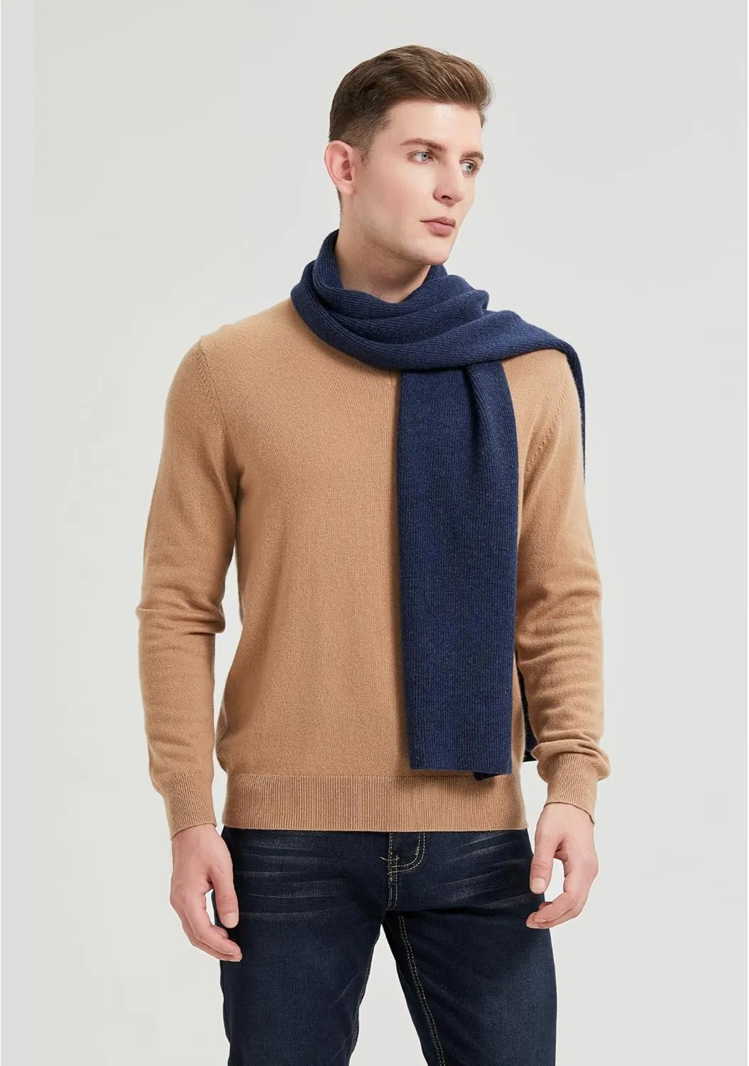 GreenMount Mens Cashmere Scarf Ribbed Knitted 100% Cashmere Scarf Warm Thick Soft for Fall Winter Men