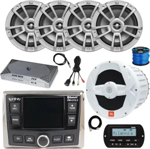 Infinity PRV-315.2 Marine Gauge Style Bluetooth AM/FM/WB Radio Receiver, Wired Remote, Extension, 4x 8" 375W 2-Way Boat Audio Speakers (Gray) 10" Subwoofer, Amplifier, Antenna, USB Adapter, Wire