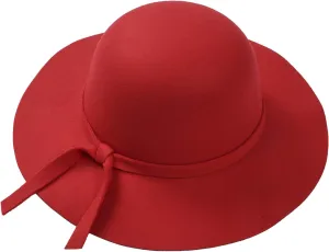 Kids Girls Retro Fedora Hats Solid Color Wide Brim Felt Bowler Floppy Hats Vintage Bow Bucket Caps for Fall Winter
