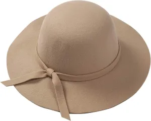 Kids Girls Retro Fedora Hats Solid Color Wide Brim Felt Bowler Floppy Hats Vintage Bow Bucket Caps for Fall Winter