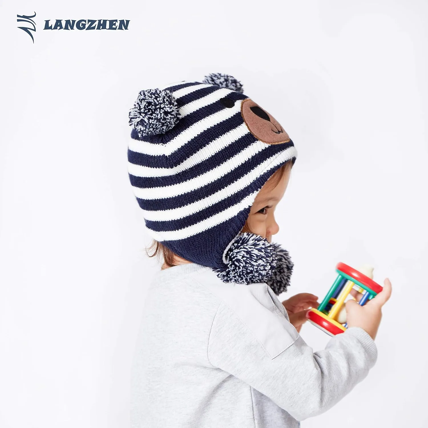 LANGZHEN Toddler Kids Infant Winter Hat,Earflap Knit Warm Cap Fleece Lined Beanie for Baby Boys Girls