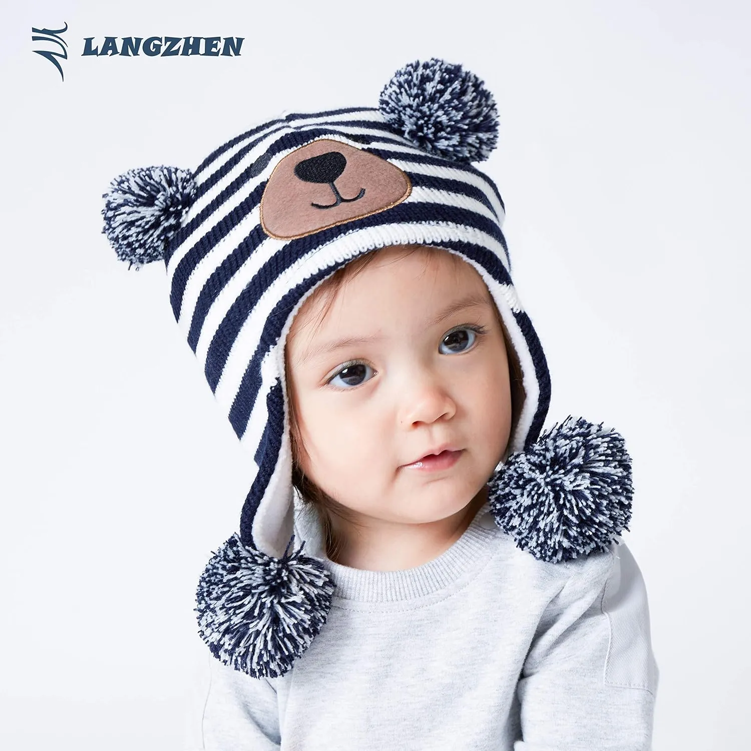 LANGZHEN Toddler Kids Infant Winter Hat,Earflap Knit Warm Cap Fleece Lined Beanie for Baby Boys Girls