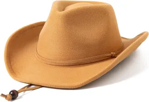 Lanzom Kids Girls Boys Retro Felt Wide Brim Western Cowboy Cowgirl Hat Dress Up Hat with Wind Lanyard