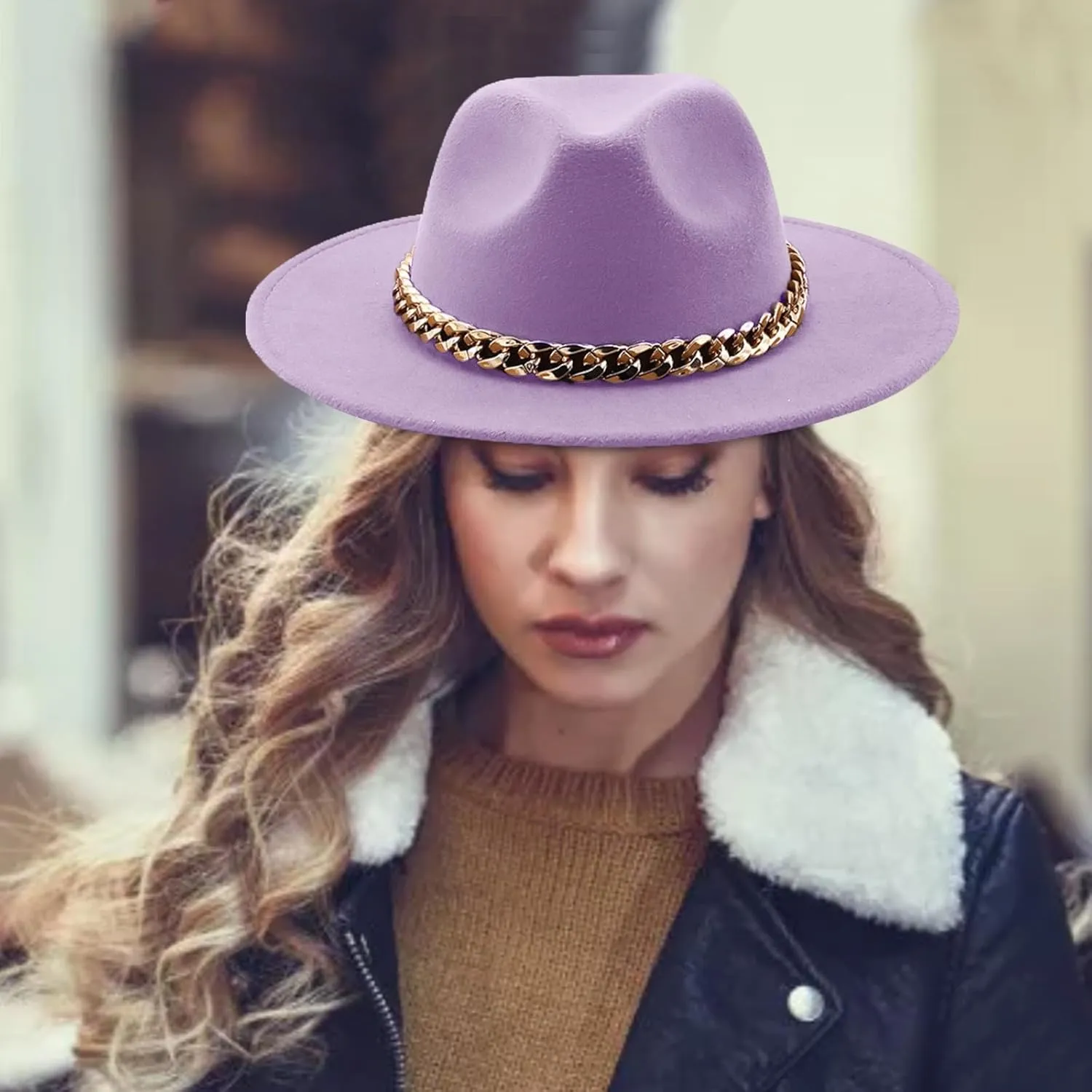 Men Womens Fedora Hat Western Floppy Panama Hat Wide Brim Hat with Chain Belt Buckle Big Wide Brim Fedora Hat