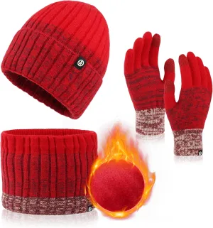 Mens Womens Winter Beanie Hat Scarf Gloves Set, Touchscreen Gloves Neck Warmer Scarf Fleece Lined Knit Skull Caps Winter Gift