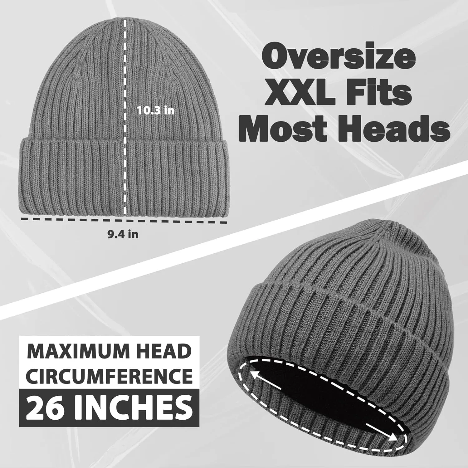 Oversize L/XL/XXL Beanie Hat for Big Heads - Unisex Merino Wool Cuff Beanie Winter Hat for Men and Women