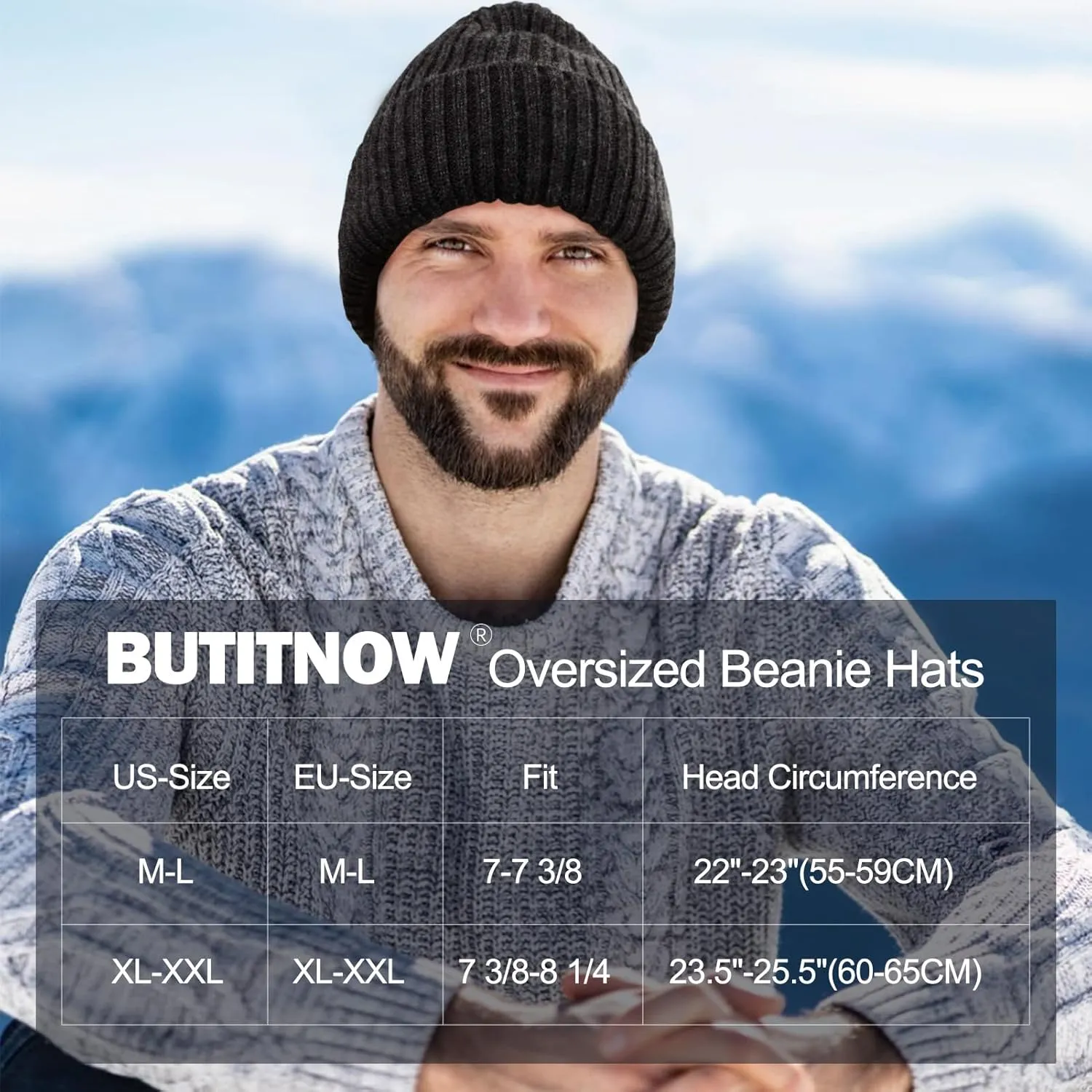 Oversize L/XL/XXL Beanie Hat for Big Heads - Unisex Merino Wool Cuff Beanie Winter Hat for Men and Women