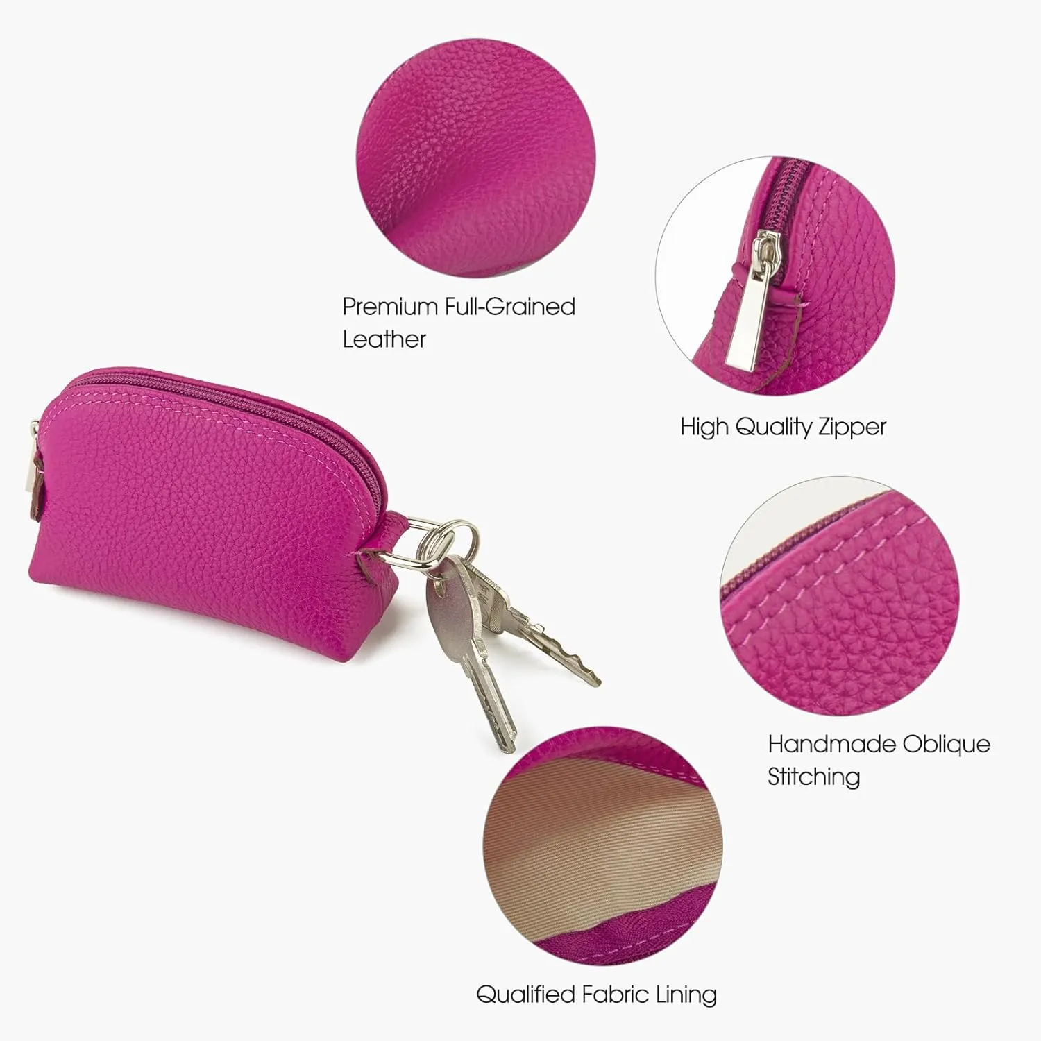 Premium Full-Grain Leather Portable Coin Purse for Women, Fashionable Cute Small Wallets Woman (Fuchsia)