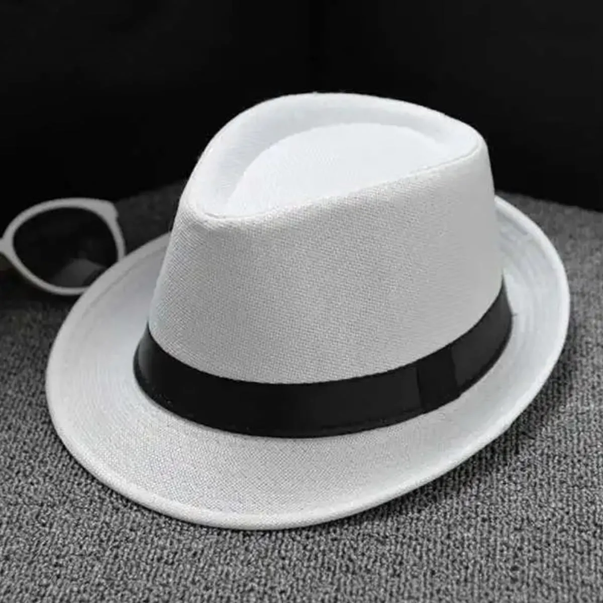 Queenbox Imitation Linen Fedora Hat, Black Band Adult Panama Sun Cap for Party Costume, White