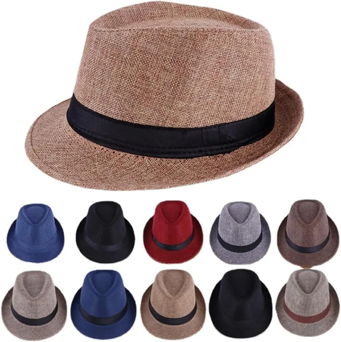 Queenbox Imitation Linen Fedora Hat, Black Band Adult Panama Sun Cap for Party Costume, White