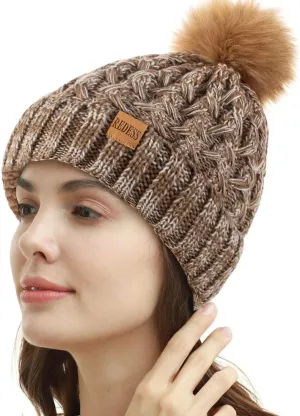 REDESS Women Winter Pompom Beanie Hat Fleece Lined Warm Hats, Thick Slouchy Snow Knit Crossed Cap for Ladies
