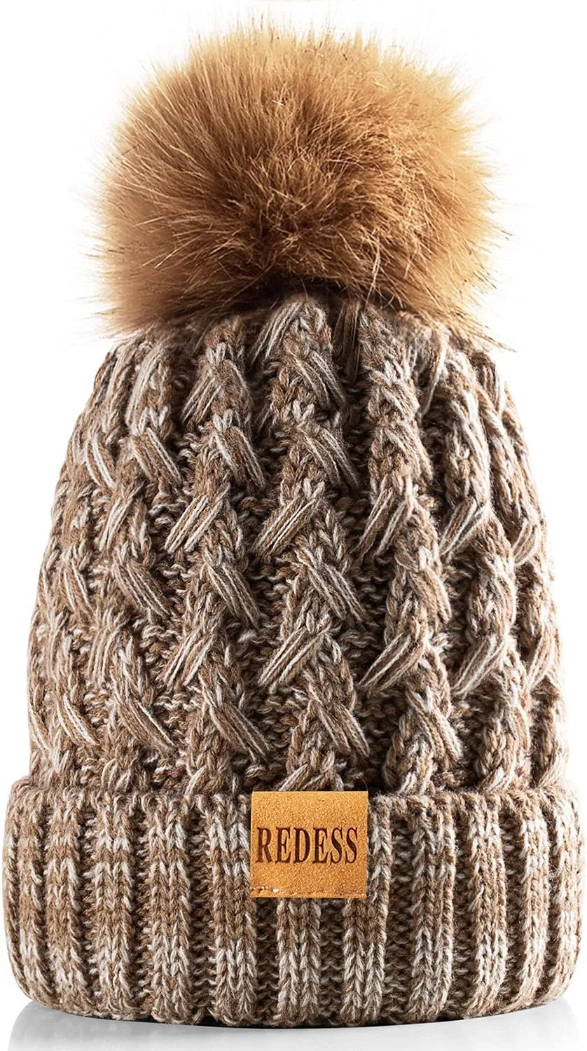 REDESS Women Winter Pompom Beanie Hat Fleece Lined Warm Hats, Thick Slouchy Snow Knit Crossed Cap for Ladies