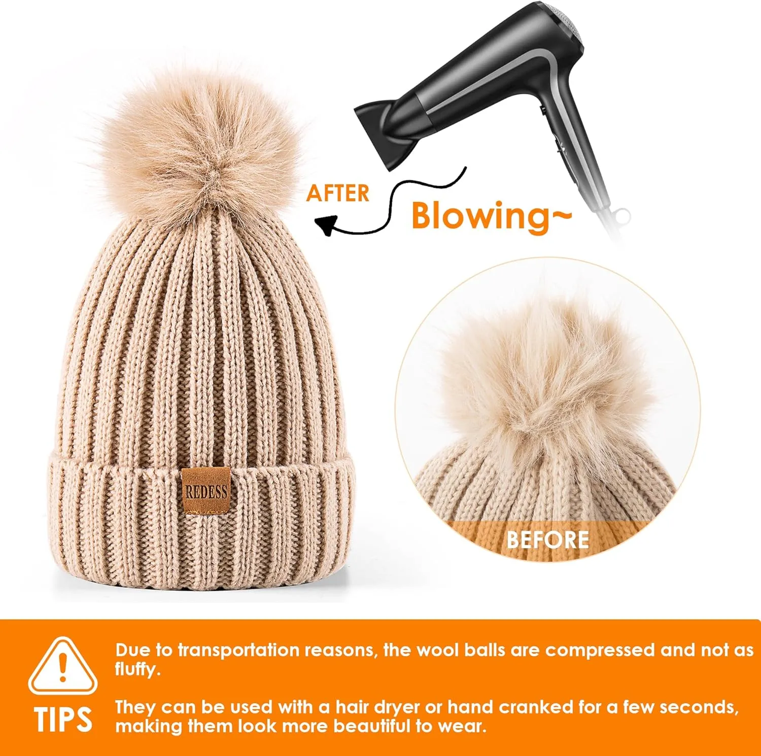 REDESS Womens Winter Knitted Beanie Hat Warm Fleece Lined with Pompom Cap Thick Slouchy Snow Knit Skull Ski Cap
