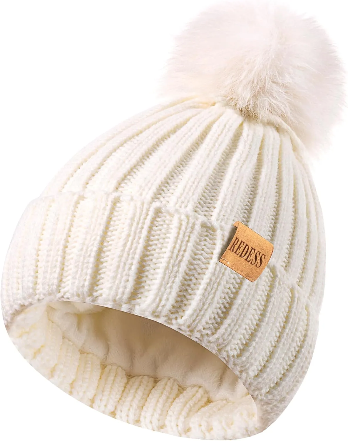 REDESS Womens Winter Knitted Beanie Hat Warm Fleece Lined with Pompom Cap Thick Slouchy Snow Knit Skull Ski Cap