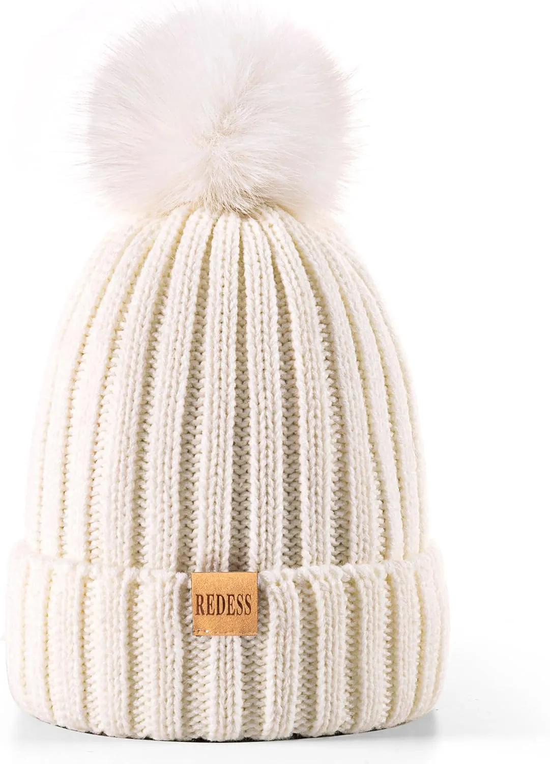 REDESS Womens Winter Knitted Beanie Hat Warm Fleece Lined with Pompom Cap Thick Slouchy Snow Knit Skull Ski Cap
