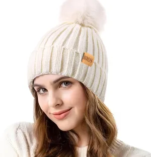 REDESS Womens Winter Knitted Beanie Hat Warm Fleece Lined with Pompom Cap Thick Slouchy Snow Knit Skull Ski Cap