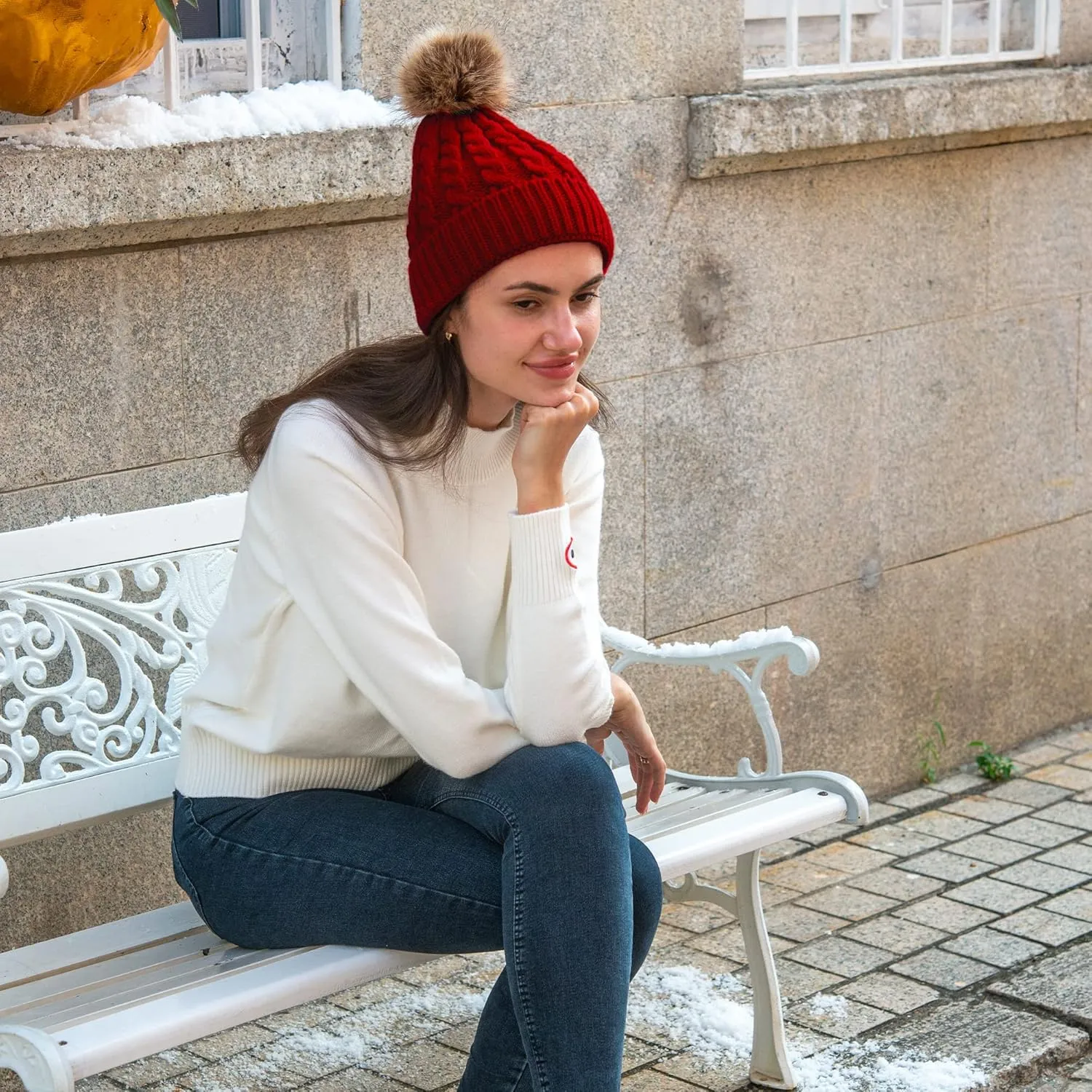 Simplicity Womens Winter Beanies Hand Knit Faux Fur Pompoms Beanie Hats