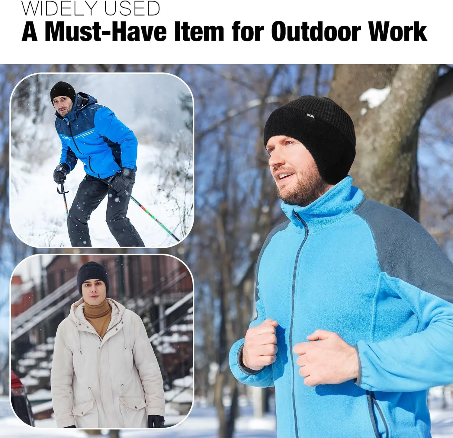 Wmcaps Winter Fleece Line Beanie with Earflap for Men Women, Outdoor Warm Thermal Knitted Hat Stocking Caps