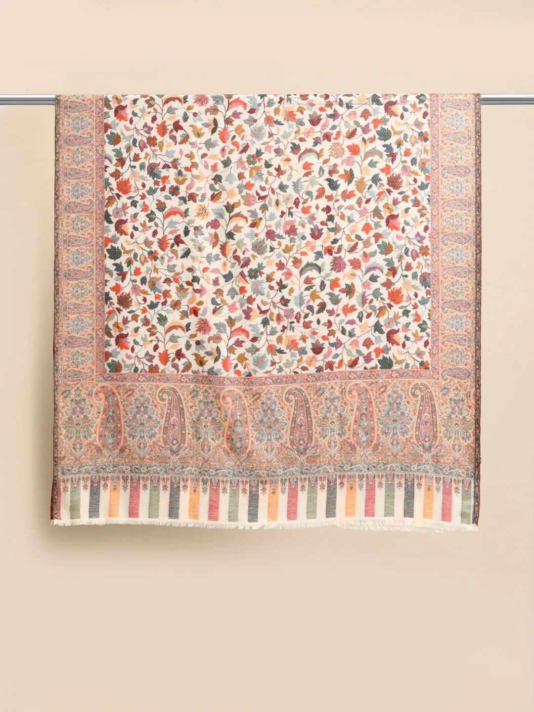 Women White Woolen Floral Woven Design Kashmiri Kaani Shawl