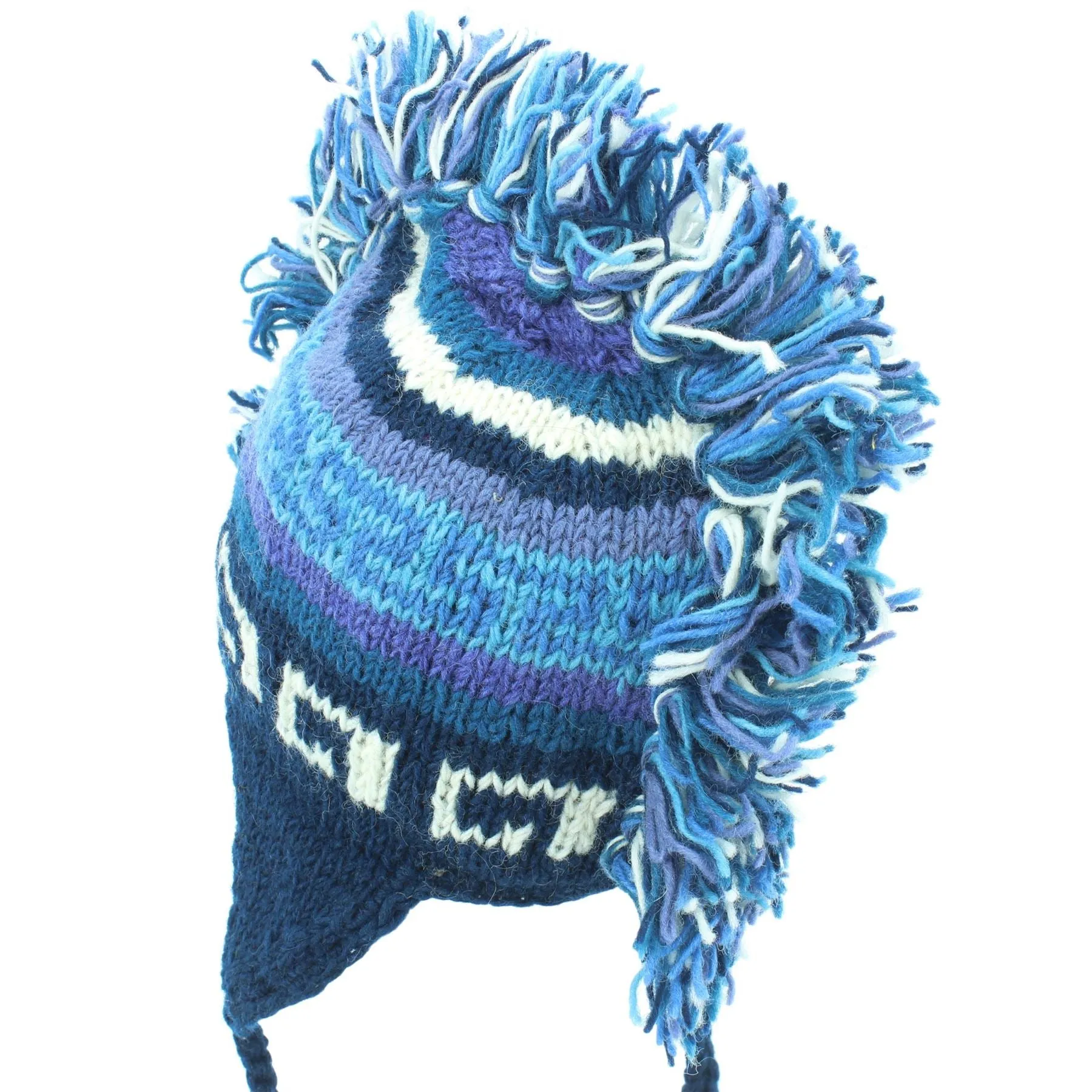 Wool Knit 'Punk' Mohawk Earflap Beanie Hat - Blue & White (Adult)