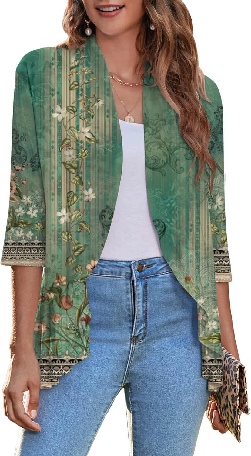 Zeagoo Women's Open Front Cardigan 3/4 Sleeve Draped Ruffles Soft Knit Sweaters S-3XL